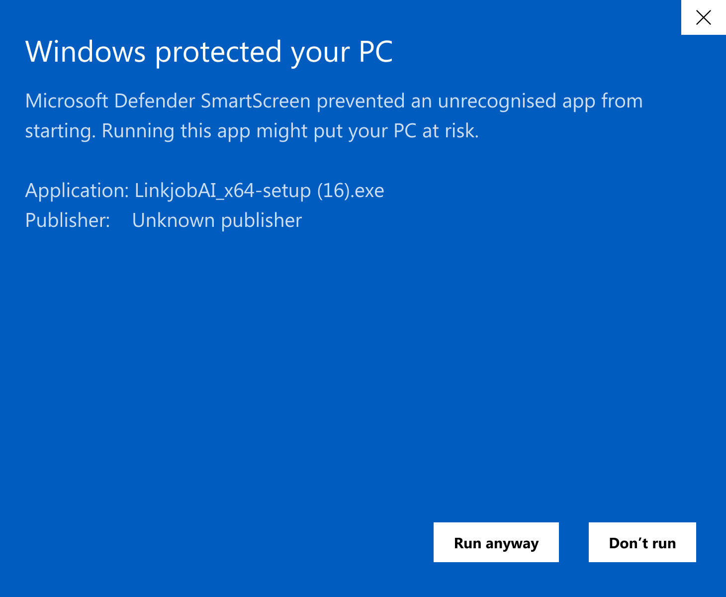 Windows Defender SmartScreen prompt